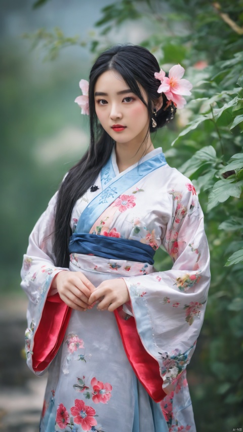  arien_hanfu,1girl, solo, flower, long hair, black hair, hair ornament, (big breasts:1.39),hair flower, blue eyes, floral print, chinese clothes, looking at viewer, detached sleeves, full body, white flower, parted lips, dress, pink flower, china dress, bare shoulders, blush, red flower, eyelashes, white dress, lips, sleeveless, parted bangs, grey background, gongzhuqie, neon_dress,huansha, glowing,lens flare,big leaf,plant, wind, chang,(big breasts:1.5),