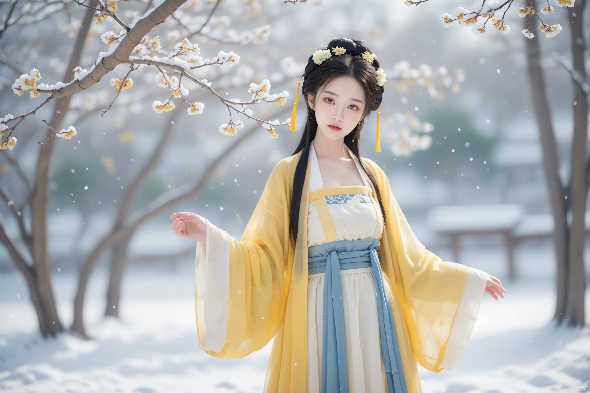  hanfu dress,a beautiful girl is standing,The Han costume of the Song Dynasty, the whole body,Flower basket,beautiful face,be affectionate,long eyelashes,high nose,Song Dynasty Hanfu, Winter, snowy days, snowfall, snow on tree tops, snow on the ground,gentle depth of field and soft bokeh,Capture the image as if it were taken on an 35mm film for added charm, looking at viewer,35mm photograph,The main color tone of the screen is yellow, with a film style (aperture1.4, ISO-100, focal length35mm), Full body, denim lens,film, bokeh, professional, 4k, highly detailed, MAJICMIX STYLE