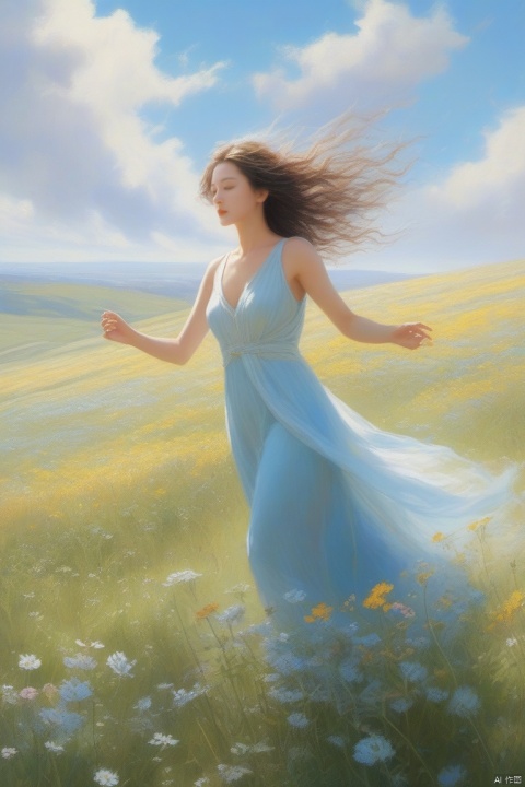  A wind spirit, her form a whisper of air, glides through a field of wildflowers, her eyes a pale blue that mirrors the sky. The sunlight catches her, creating a shimmering trail of light as she moves, her laughter a symphony of the wind's song.