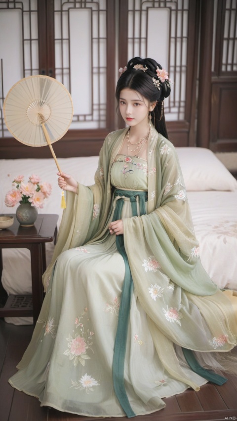  1girl, solo, long hair, black hair,Hairpins,necklace, hair ornament, long dress, full body, flower, earrings, indoors, hair bun, hanfu dress,(Tube top Hanfu long skirt:1.1),(Hand holding fan:1.2), pillow, bed, night, chinese clothes, table, branch,daxiushan, ,daxiushan style,(huge breasts:1.7), (full breasts), realistic,hanfu, daxiushan,Shoulders are exposed,daxiushan, arien_hanfu