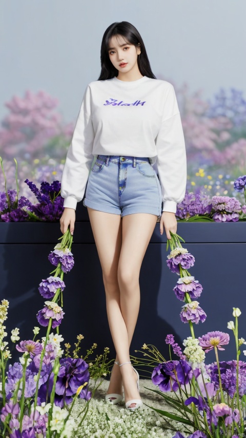  Girl's Full Body Photo, Winter, Realism, 8K, Sexy Short Jeans, White Shirt Long Sleeve, Detail Face, Pretty Face, Master of Light, Huge Flowers, Long Bare Legs, High Heels, Light, Blue Theme, World of Flowers, Big Breasts,shorts