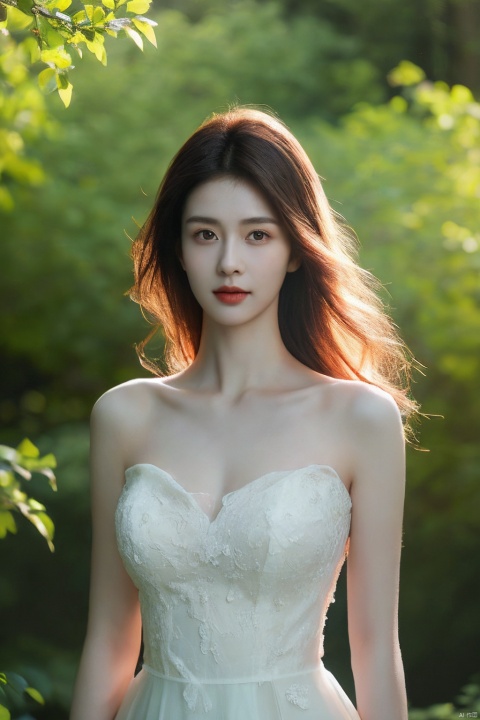  (realistic), (hyperrealism),best quality, masterpiece,ultra high res, (photorealistic:1.4),1girl,pale skin,skinny,(looking at viewer:2), ,forest, flowers, sunlight,
 , (tattered) wedding dress , bare shoulders, upper body,