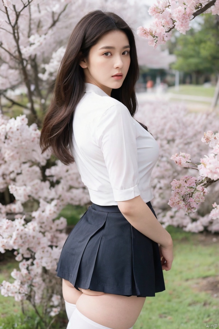  1girl,eye contact,sunlight,(JK_suit),JK_style,(dark blue JK_skirt),standing,arms behindback,white thighhighs,3d,unity 8k wallpaper,ultra detailed,beautiful and aesthetic,cherry blossoms,depth of field:1.5,black pantyhose,huge filesize,photo_(medium),reality,high quality,highres,