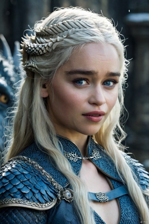  (Movie Still) from Game of Thrones,(extremely intricate:1.3),(realistic),portrait of a girl,the most beautiful in the world,Daenerys Targaryen,blonde hair,long hair,blue eyes,behind her is a dragon,monster,teeth,snow,(detailed face, detailed eyes, clear skin, clear eyes),photorealistic,award winning,professional photograph of a stunning woman detailed,sharp focus,dramatic,award winning,cinematic lighting,volumetrics dtx,,Movie Still, , emilia clarke