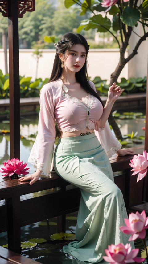  (1girl:1.1), (Lace green skirt:1.39), on Stomach,aqua_earrings,Lights, lanterns, chang,(big breasts:1.56),hanfu, Best quality, Realistic, photorealistic, masterpiece, extremely detailed CG unity 8k wallpaper, best illumination, best shadow, huge filesize ,(huge breasts:1.59) incredibly absurdres, absurdres, looking at viewer, transparent, smog, gauze, vase, petals, room, ancient Chinese style, detailed background, wide shot background,
(((black hair))),(Sitting on the lotus pond porch:1.49) ,(A pond full of pink lotus flowers:1.5),close up of 1girl,Hairpins,hair ornament,hair wings,slim,narrow waist,perfect eyes,beautiful perfect face,pleasant smile,perfect female figure,detailed skin,charming,alluring,seductive,erotic,enchanting,delicate pattern,detailed complex and rich exquisite clothing detail,delicate intricate fabrics,
Morning Serenade In the gentle morning glow, (a woman in a pink lotus-patterned Hanfu stands in an indoor courtyard:1.36),(Chinese traditional dragon and phoenix embroidered Hanfu:1.3), admiring the tranquil garden scenery. The lotus-patterned Hanfu, embellished with silver-thread embroidery, is softly illuminated by the morning light. The light mint green Hanfu imparts a sense of calm and freshness, adorned with delicate lotus patterns, with a blurred background to enhance the peaceful atmosphere,
