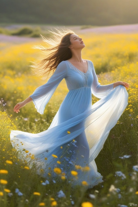  A wind spirit, her form a whisper of air, glides through a field of wildflowers, her eyes a pale blue that mirrors the sky. The sunlight catches her, creating a shimmering trail of light as she moves, her laughter a symphony of the wind's song.