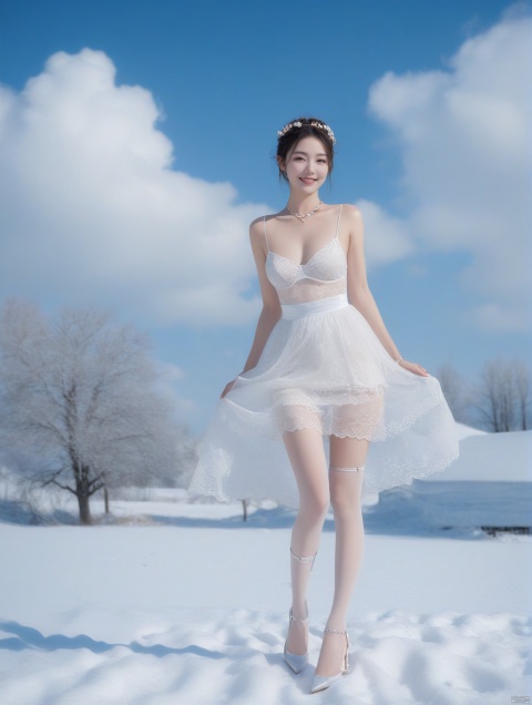  (((nsfw))), Realistic, masterpiece, highest quality, high resolution, extreme details, 1 girl, solo, bun, headdress, delicate eyes, beautiful face, shallow smile, delicate necklace, suspender dress, white lace dress, light gauze, snow-white skin, delicate skin texture, silver bracelet, pantyhose, high heels, elegant standing, outdoor, blue sky, white clouds, flowers, flowers, grass, movie light, light, light tracking, (Nikon AF-S 105mm f / 1.4E ED), MAJICMIX STYLE