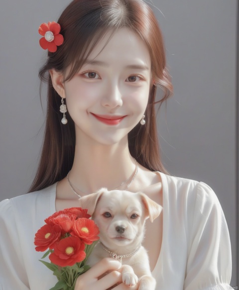  Upper body, without revealing hands, with a side face, white shirt, ball your head, red pupils, holding a little dog, only showing flowers, cleavage, red flower, smile, paired with a silver thin necklace