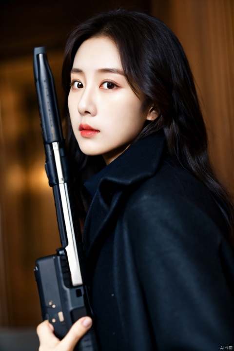  1girl,solo,long hair,weapon,black hair,gun,hair ornament,looking at viewer,black eyes,coat,realistic,closed mouth,lips, Asian girl, (\shen ming shao nv\), ((poakl))