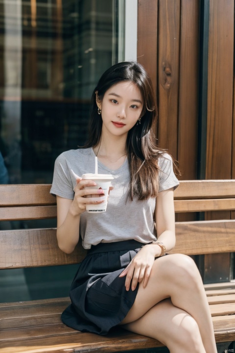  The image is a well-lit and colorful photograph featuring a young woman sitting on a wooden bench. The woman has long, dark hair and is wearing a grey shirt with a blue tie, paired with a blue skirt. She is holding a cup in her hand, possibly containing a beverage like iced coffee. The woman's outfit is stylish and appropriate for the setting, with the grey shirt and blue skirt creating a harmonious color palette. The wooden bench she is sitting on adds a warm and rustic touch to the scene. The quality of the image is excellent, with no visible noise or graininess. The woman's facial features are well-defined, and her expression suggests a sense of relaxation and contentment. Overall, this photograph is a beautiful and engaging portrait that effectively captures the subject's essence and atmosphere., Light master