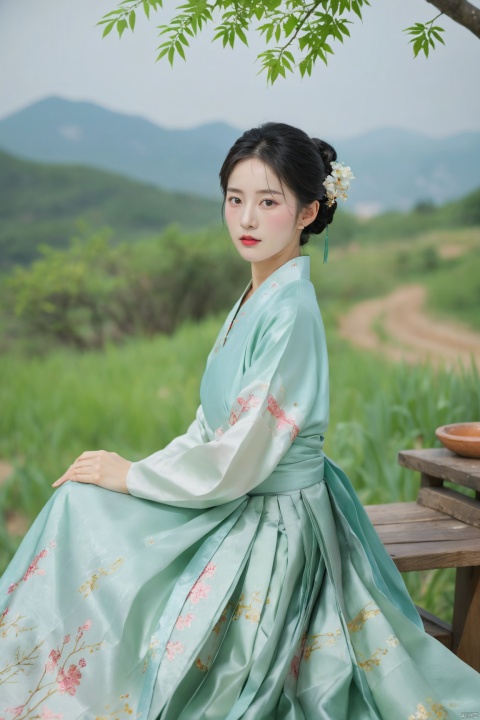  Enhanced, masterpiece, 16K, girl, Solo, Flower Field, rape flower, (\meng ze\), yue , hair ornament , hanfu,(big breasts:1.79), (full breasts:1.59),ming_hanfu, qingyi