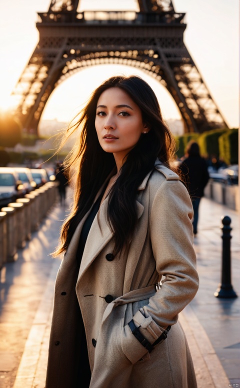  leogirl, 1 gir walking in Paris, ( Eiffel Tower : 1.4 ), coat, long hair, ear, neck,professional soft lighting, cinematic, bright scene, long hair, black hair, photo by Annie Leibovitz, 25 mm f 1.4,bokeh,Leicaมmoring,golden hour, ambiant occlusion shadow (original: 1. 2), (realistic: 1. 5), ultra detail, high resolution, ultra detailed, best quality, amazing, top quality, extremely detailed CG unity 8k wallpaper, cinematic lighting