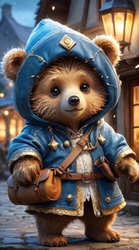  Hyper-detailed painting, Jean-Baptiste Monge style, The cute little brave bear is in the novice village, wearing adventurer clothes, splash, glittering, cute and adorable, filigree, lights, fluffy, magic, surreal, fantasy, digital art, ultra hd, hyper-realistic illustration, vivid colors, UHD, cinematic perfect light, greg rutkowski, 3DIP, tr mini style