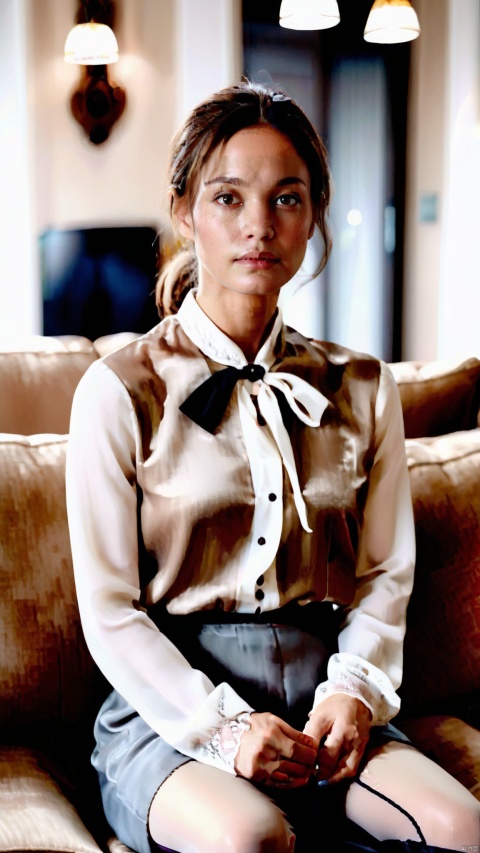  A photorealistic image of a young woman with a contemplative expression, seated centrally on a mocha-colored couch. The room is tastefully decorated, exuding a modern and sophisticated ambiance. She is wearing a loose white blouse and black tights, her pose is casual yet poised. The soft ambient lighting accentuates the textures of the fabric and the woman's delicate features. The room has a serene and somewhat somber mood, with attention to the fine details of the woman's attire, the couch's fabric, and the subtle reflections on the surfaces, all contributing to a rich, realistic scene. The overall composition is intimate, with a shallow depth of field focusing on the woman, best quality, ultra highres, original, extremely detailed, perfect lighting.