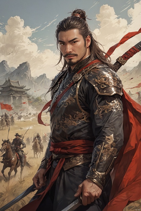  solo, a middle-aged ancient Chinese general,weapon, male focus, sky, sword, armor, facial hair, beard, mustache,Majestic,Dominant, Overbearing, Swaggering,Wearing ancient Chinese armor,The background is a vast grassland, with a large army marching, and a desolate scene.