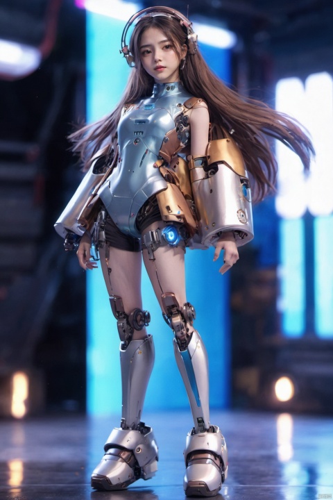  sdmai, quanxishaonv, 1girl,solo,joints,long hair,robot joints,android,brown hair,mechanical parts,full body,floating hair,looking atviewer,standing,lips,
, sdmai