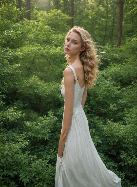  4k, photo, realistic, best quality,highres, ultra-detailed,ultra high res,((photorealistic, 8K)),from above, 

Best Picture Quality: A breathtaking photograph of a young woman standing in a lush green forest, surrounded by vibrant flowers and tall trees. She is wearing a simple white dress that flows gently in the breeze, and her long, wavy blonde hair frames her face in soft curls. The lighting is natural and warm, creating a sense of peace and tranquility. This photo is of the highest quality, with exceptional detail and color accuracy.