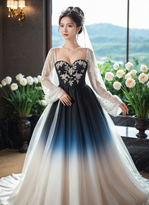  half body:0.7, upper body:0.5,((upper body)),1girl,masterpiece, The best quality, luxurious wedding dress,earrings,dreamy scene,(medium breasts:1.2),front viewer, looking at viewer, romantic, Bride,sparkling dress, yunbin,floral print,black dress,long sleeves,robe,skirt,sleeveless dress,widesleeves, weddingdress, jinchen,tutult, qingsha, tutultb, xinniang