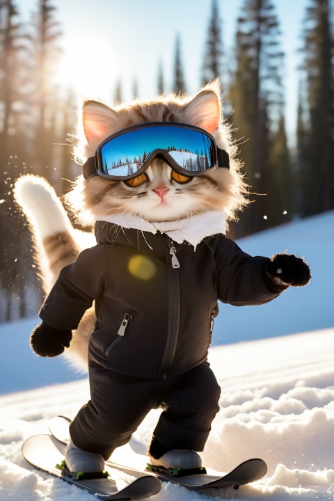  The protagonist cat, skiing in the snow, wearing protective goggles, looks at the camera, splashing snow, setting sun and forest background, dynamic shots