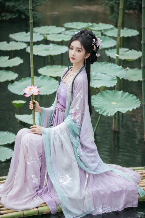  1girl, solo, long hair, white hair,Hairpins,necklace, hair ornament, long dress, full body, flower, earrings, (A beautiful girl sitting on a bamboo raft in the water, swimming downstream:1.2), (Huge lotus, rain:1.2), (full body), (aqua_china_dress:1.2), hair bun, (purple dress:1.1),(Tube top Hanfu long skirt:1.2), pillow, bed, night, chinese clothes, table, branch,daxiushan, ,daxiushan style,(huge breasts:2.1), (full breasts:1.7), realistic,hanfu, daxiushan,Shoulders are exposed, , daxiushan, arien_hanfu, yaya