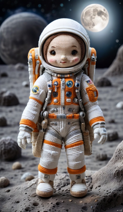  looking_at_viewer,Best quality,masterpiece,,astronaut,space,spacecraft,moon,Sewing doll, 3DIP, tr mini style