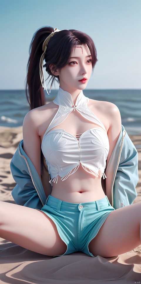  8k ,long hair,belly button, shorts, headband, jacket, mature woman, makeup, looking at audience, shiny skin, hands behind back,(detail finger), normal proportion,spread your legs vigorously,seascape, seaside, sea, sand, Ships at sea,yifu, tassel,obi,ponytail,choker,