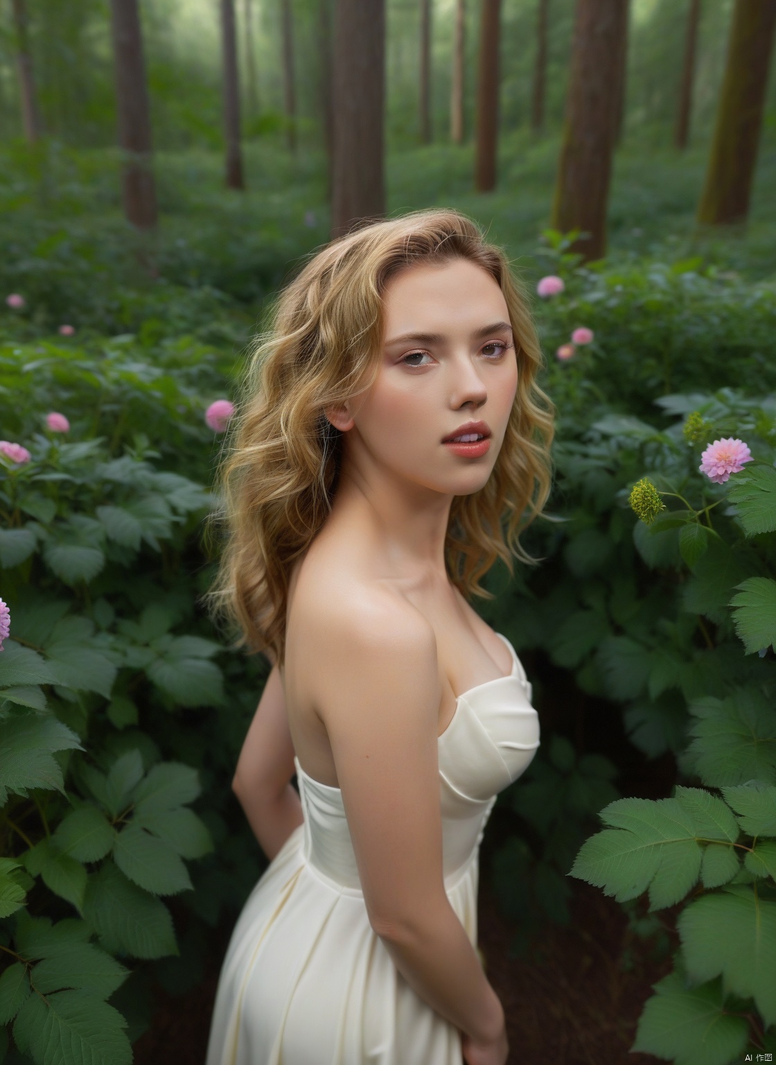  4k, photo, realistic, best quality,highres, ultra-detailed,ultra high res,((photorealistic, 8K)),from above, 

Best Picture Quality: A breathtaking photograph of a young woman standing in a lush green forest, surrounded by vibrant flowers and tall trees. She is wearing a simple white dress that flows gently in the breeze, and her long, wavy blonde hair frames her face in soft curls. The lighting is natural and warm, creating a sense of peace and tranquility. This photo is of the highest quality, with exceptional detail and color accuracy. Scarlett Johansson