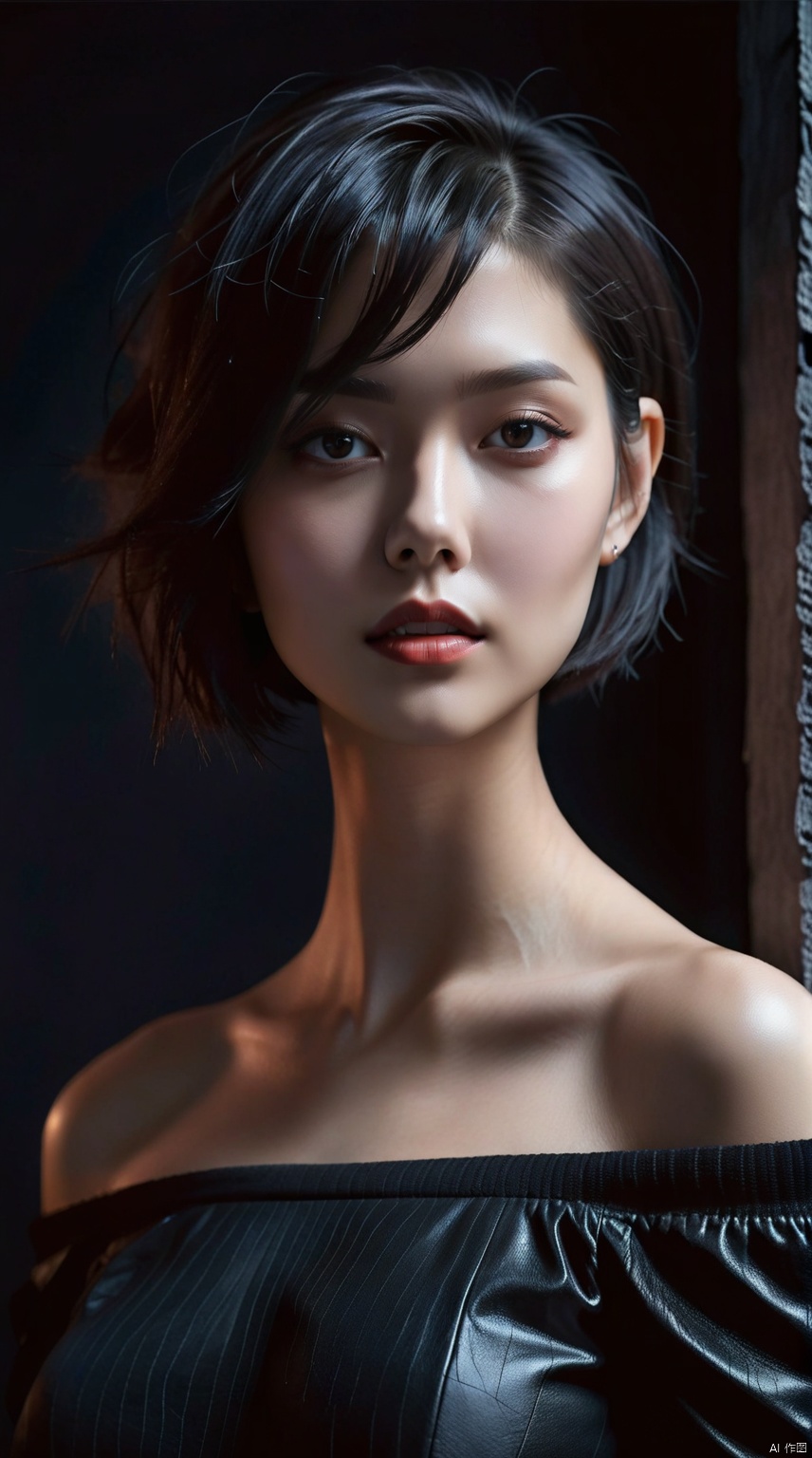  Best quality, masterpiece, ultra high res, (photorealistic:1.5), raw photo, 1girl, offshoulder, in the dark, deep shadow, low key, cold light, sexy look, short hair,xxmixgirl,yinglight, Half body photo,