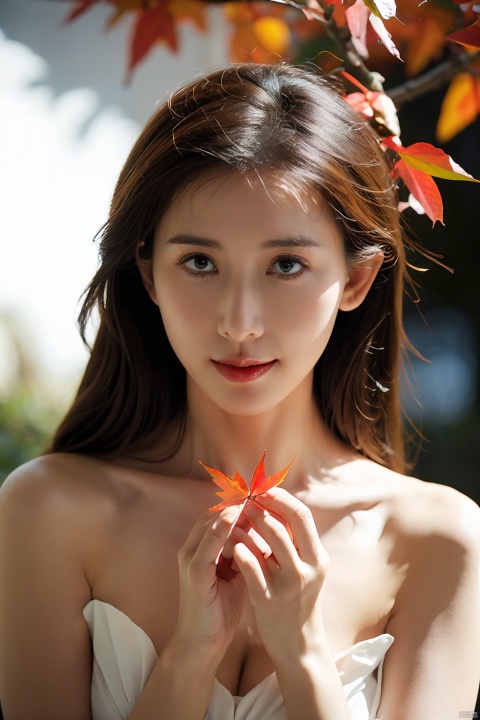  The image features a beautiful young woman holding a red leaf in her hands, bathed in warm light. Her expression is serene and dreamy, and her hands are gracefully folded. The colors are primarily brown and green, with the red leaf standing out. The style is ethereal and soft, with a focus on the woman's face and the leaf. The lighting is well-done, with interesting shadows and depth. The woman's outfit is not clearly visible, but the focus is on her as a subject. Overall, the image is beautiful, evocative, and technically proficient, making it a truly exceptional photograph.