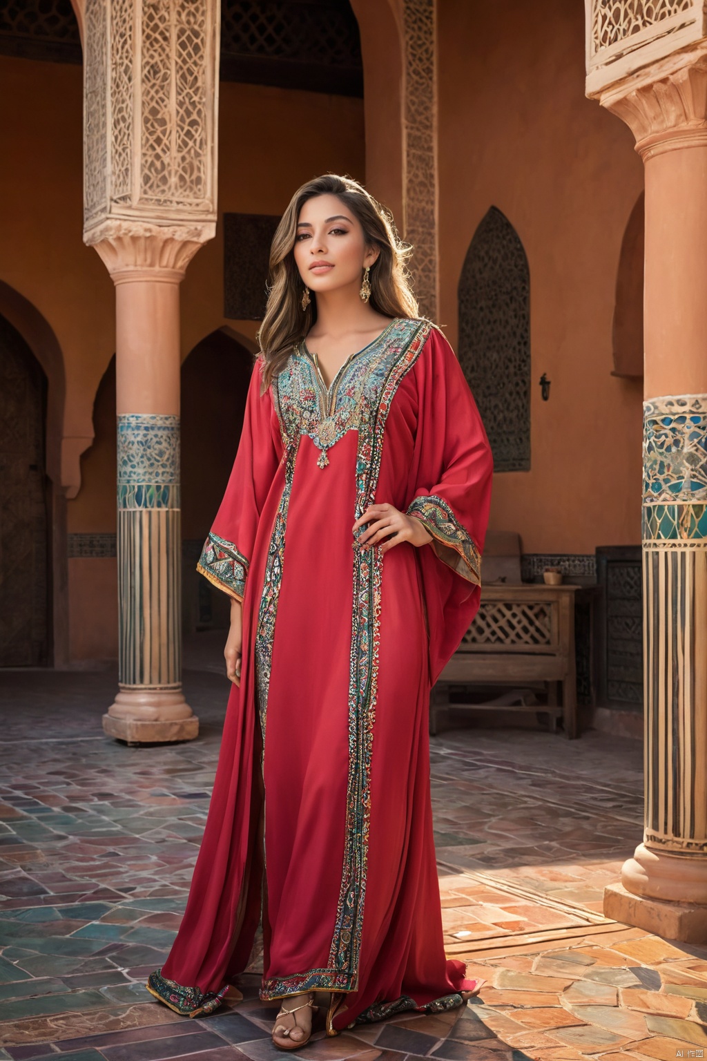  (1girl:1.3), Moroccan caftan full dress outfit moroccan city Art officiel, Unity 8k wallpaper, Ultra detailded, beautiful and aesthetic, beau, master piece, beste-Qualit, Fantastical Atmosphere, Palette apaisante, Humeur tranquille, Ombrage doux, Miko Priestess, sort de charme, talisman familier, devoirs de jeune fille du sanctuaire,