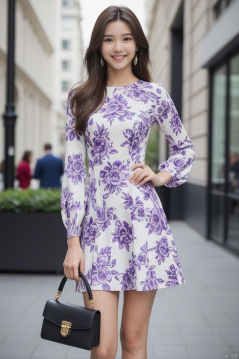  1girl, long_hair, looking_at_viewer, smile, brown_hair, black_hair, long_sleeves, dress, holding, jewelry, standing, full_body, earrings, outdoors, solo_focus, bag, blurry, high_heels, blurry_background, phone, floral_print, white_footwear, cellphone, smartphone, purple_dress, holding_phone, handbag, fashion,