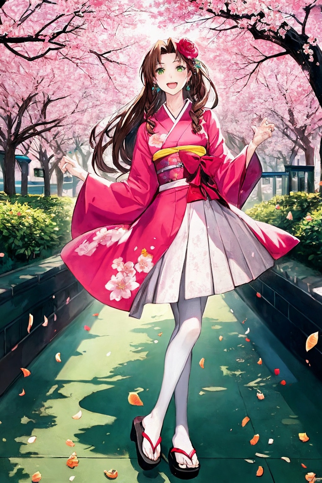  1girl, aerith_gainsborough, brown_hair, cherry_blossoms, confetti, falling_petals, floral_print, flower, green_eyes, hair_flower, hair_ornament, interlocked_fingers, japanese_clothes, jewelry, kimono, long_hair, looking_at_viewer, open_mouth, own_hands_together, petals, pink_dress, rose_petals, sandals, smile, solo, very_long_hair, backlight, colors, white pantyhose
, 1 girl, Light-electric style, autumn yellow leaves