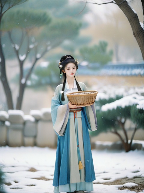  hanfu dress,a beautiful girl is standing,The Han costume of the Song Dynasty, the whole body,Flower basket,beautiful face,be affectionate,long eyelashes,high nose,Song Dynasty Hanfu, Winter, snowy days, snowfall, snow on tree tops, snow on the ground,gentle depth of field and soft bokeh,Capture the image as if it were taken on an 35mm film for added charm, looking at viewer,35mm photograph,The main color tone of the screen is blue, with a film style (aperture: f/1.4, ISO-100, focal length: 35mm), Full body, denim lens,film, bokeh, professional, 4k, highly detailed, MAJICMIX STYLE