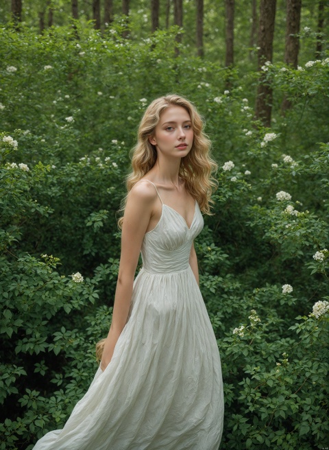  4k, photo, realistic, best quality,highres, ultra-detailed,ultra high res,((photorealistic, 8K)),from above, 

Best Picture Quality: A breathtaking photograph of a young woman standing in a lush green forest, surrounded by vibrant flowers and tall trees. She is wearing a simple white dress that flows gently in the breeze, and her long, wavy blonde hair frames her face in soft curls. The lighting is natural and warm, creating a sense of peace and tranquility. This photo is of the highest quality, with exceptional detail and color accuracy.