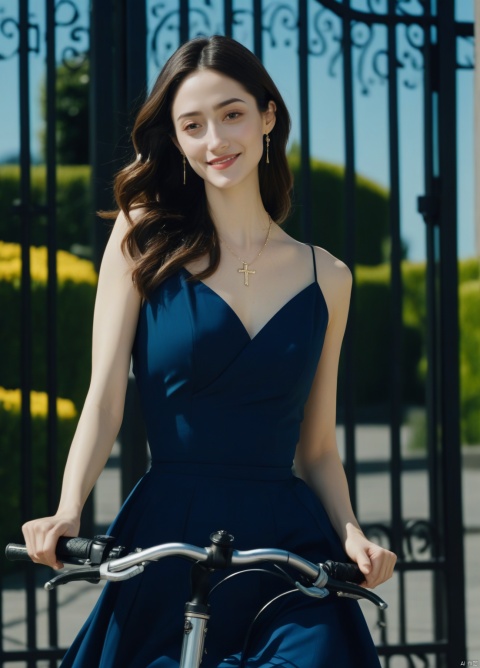  gz, aigirl, a snapshot of a woman (Emmy Rossum:0.9), solo, half body, big breasts, look at viewer, smile:0.5, look away,
elegant clothes, simple necklace, cross hand,
(outdoors, gate, bike, motion blur),
4k, 35mm film