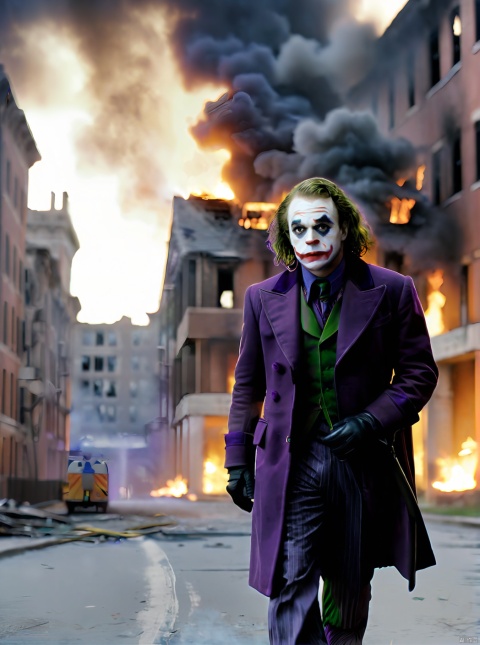  1boy,Detective Comics,(Jocker:1.2) is in front of hospital,walking on the street of the city,(((close_up shot))),around him are broken buildings,ruins in fire,smoke,purple coat,looking at viewer,Heath Ledger,dark theme,film sense,film light,best quality, masterpiece,(photorealistic:1),ultra high res,highres, illustration. media, delicate,8k wallpaper,soft light,official art,(realistic:1.2),