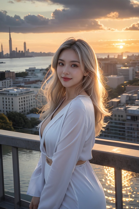 1 girl, moyou, white hair, science fiction clothes, parallel world, two worlds, Exquisite facial features, cloud, sunset, cityscape, 1girl, sky, city, ocean, horizon, cloudy_sky, building, scenery, skyscraper, sunrise, sun, twilight, evening, smile, solo, water, skyline, orange_sky, blue_eyes, bird, city_lights, gradient_sky, 