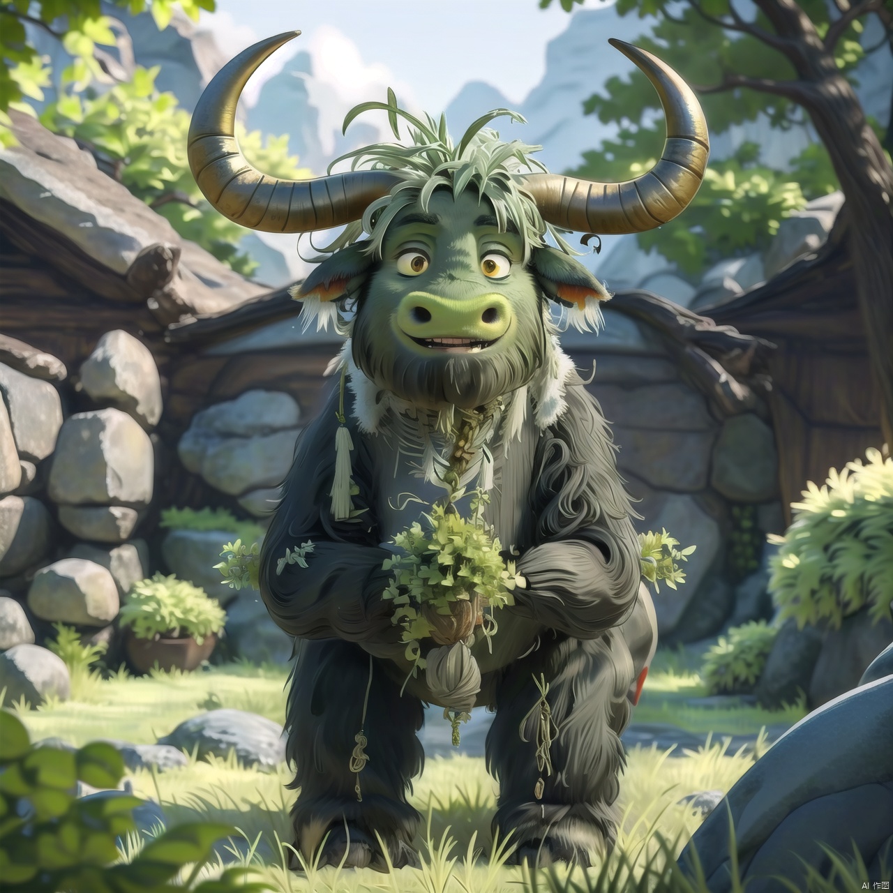  solo, open mouth, horns, signature, blurry, no humans, grass, plant, monster