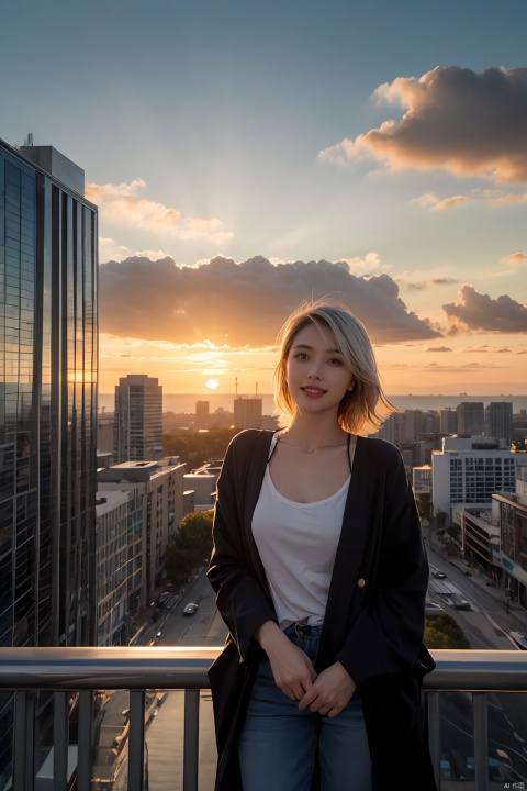 1 girl, moyou, white hair, science fiction clothes, parallel world, two worlds, Exquisite facial features, cloud, sunset, cityscape, 1girl, sky, city, ocean, horizon, cloudy_sky, building, scenery, skyscraper, sunrise, sun, twilight, evening, smile, solo, water, skyline, orange_sky, blue_eyes, bird, city_lights, gradient_sky, 