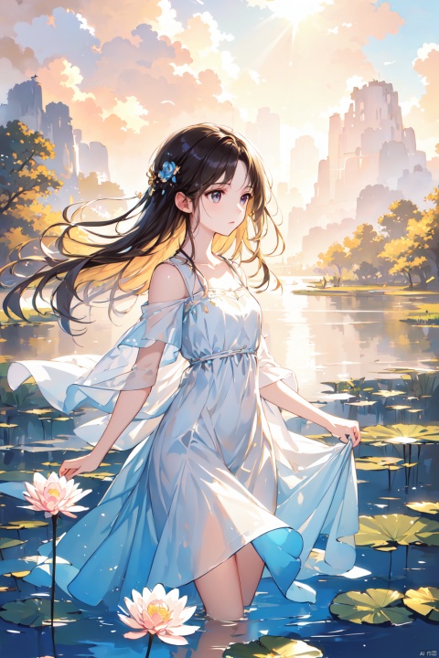  (extremely detailed CG unity 8k wallpaper),(((masterpiece))), (((best quality))), ((ultra-detailed)), (best illustration),(best shadow), ((an extremely delicate and beautiful)),dynamic angle, close-up of a small house by the lake, beautiful sunny summer day, water lilies in the lake blooming, lush plants, sunlight shining through the white clouds, bold colors, fairy tale, fantasy,wind,classic, (detailed light),feather, nature, (sunlight),beautiful and delicate water,(painting),(sketch),(bloom),(shine), high resolution, high contrast ratio, high detail, high texture, texture surreal high quality figure, ultra high quality, golden ratio, best quality