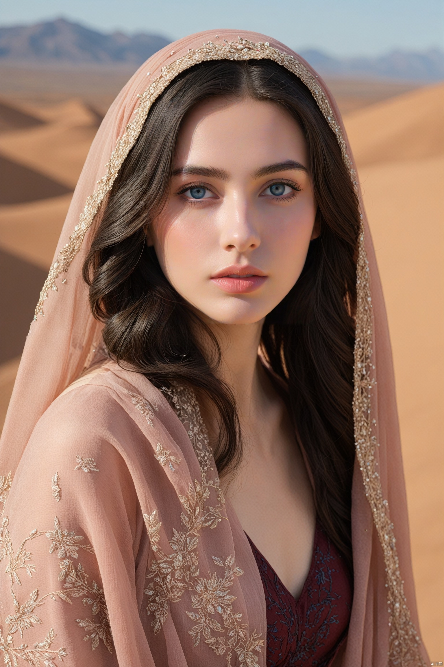 This image shows a close-up of an ethereal-looking young woman with long dark hair falling over her shoulders, blue eyes, her head adorned with a transparent scarf or veil, with the desert in the background, her The complexion was impeccable, with earthy tones on the lids and soft peach on the lips complementing the subtle makeup. She rests her face gently on her hands, exudes calm and poise, wears a burgundy embroidered gown, photo realistic, best quality, super high resolution, extremely detailed eyes and face, full body showing face audience,