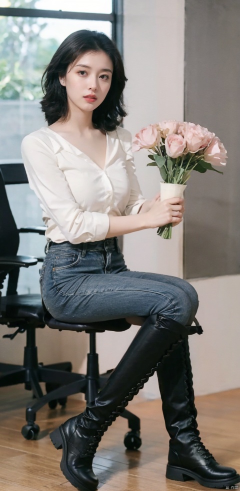  Full-body photos of a girl, realism, HD 16k,office,office_lady,workplace,sexy 
 jeans, light master,Huge flowers, bare long legs,light rays, transparent, kneehigh boots