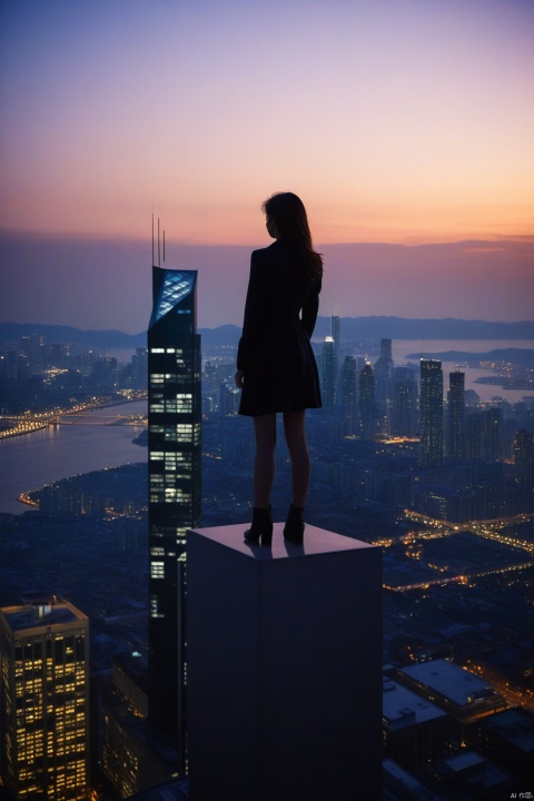 leogirl, realistic photography ,,A solitary figure stands atop a skyscraper, looking out over the city as twilight descends. The figure, silhouetted against the illuminated skyline, adds a sense of drama and contemplation to the scene.