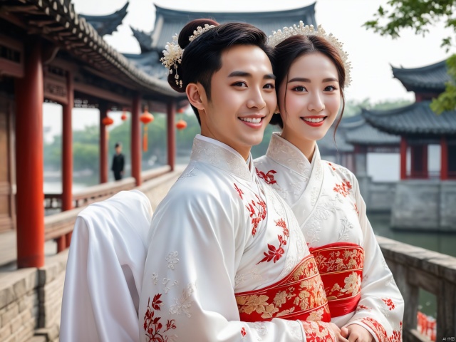  1 couple, smile, big eyes, white skin, Chinese wedding tradition dress,8k, suzhou yuanlin background,