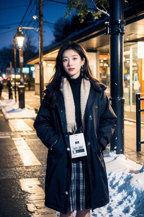  1girl,long hair, Winter clothing, college style,plaid skirt,full body,thick coat, cotton-padded jacket, plaid scarf, on the way home, snow, snow,outdoor,Master lens, golden ratio composition, (Canon 200mm f2.8L) shooting, large aperture, background blur., chinese woman,sunlight., plns, 1 girl