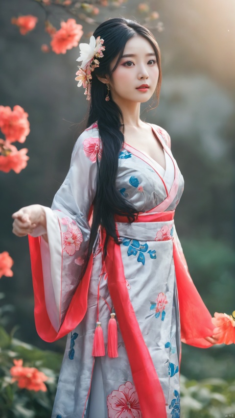  arien_hanfu,1girl, solo, flower, long hair, black hair, hair ornament, (big breasts:1.39),hair flower, blue eyes, floral print, chinese clothes, looking at viewer, detached sleeves, full body, white flower, parted lips, dress, pink flower, china dress, bare shoulders, blush, red flower, eyelashes, white dress, lips, sleeveless, parted bangs, grey background, gongzhuqie, neon_dress,huansha, glowing,lens flare,big leaf,plant, wind, chang,(big breasts:1.5),