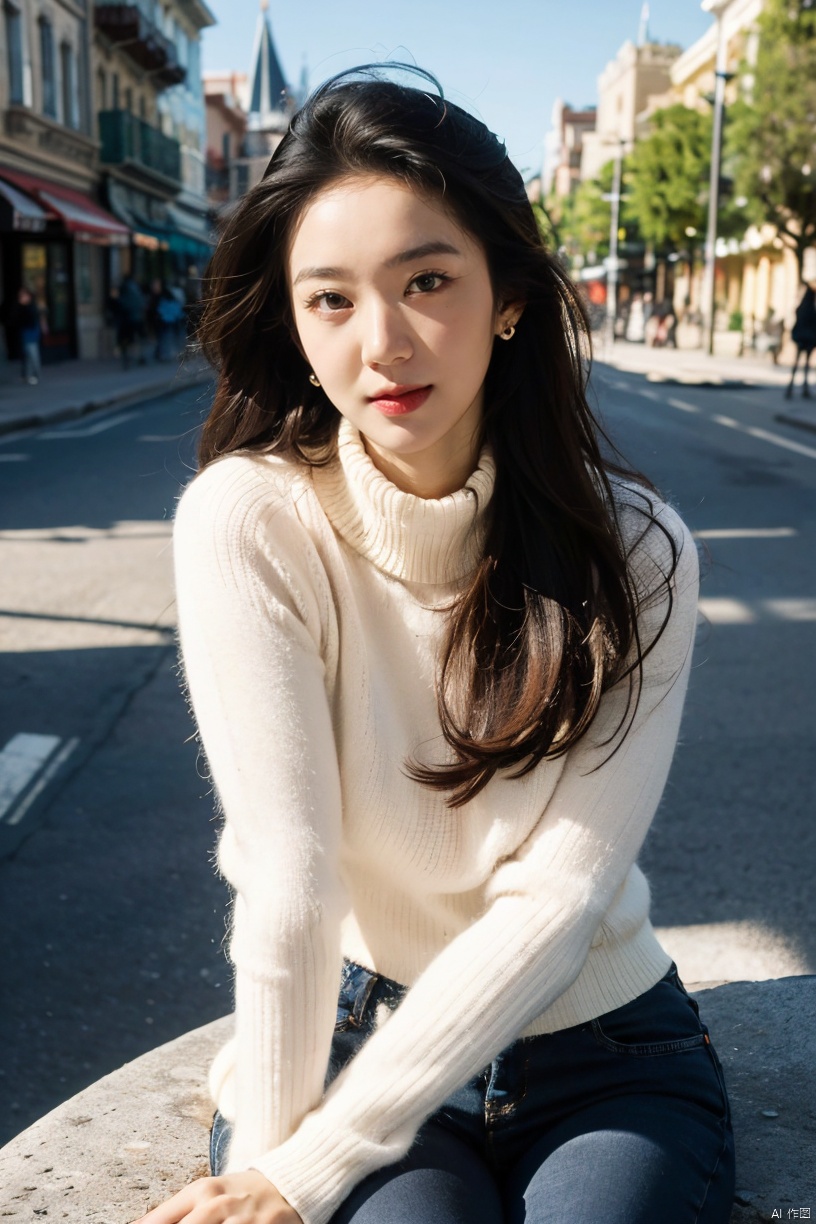  1girl, smiling,Realistic movie lighting,white turtleneck sweater((,(skindentation),(skin tight))),ultradetailed,8K,detailed face,photorealistic,1girl,long hair,,solo, , ,fullbody,complex background, look at the viewer, detailedbackground,sweating details,realistic, fullbody,long legs,real,Lacrimal nevus,realism, Delicate glowing skin,masterpiece,bestquality,distant view,depth of field,dynamic perspective,Perfectly proportioned figure,Detailed skin description, black pantyhose,street,daytime,good weather, Disneyland in the background,JOJO pose,tall