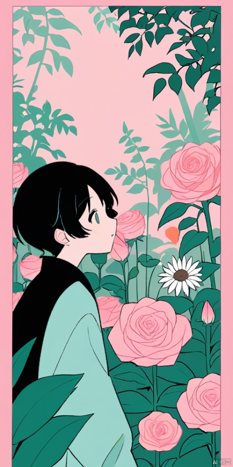  (Flat color: 1.2), imitating French retro style, with a macaron background and an overall non crowded image. A girl is surrounded by flowers and plants in the flower bushes, dressed in a T-shirt, without a headdress, and with short black hair; The screen content presents many types of flowers in the spring outdoor natural garden (with roses, lilies, sunflowers, roses, etc. as diverse as possible), with a soft and clear image quality; Picture elements added with pink leopard, heart-shaped pattern