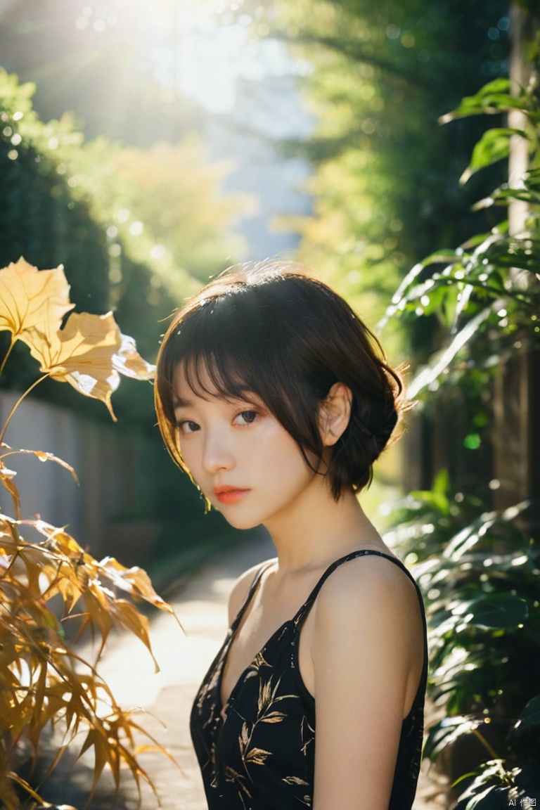  Photographer Toshio Sato's shooting style features fresh Japanese tones and Fuji cameras, with a 35MM lens. In the setting sun and golden moments, a bust of a young girl is captured in close-up shots with short hair and melancholic gaze. The black camisole dress (obstructed composition with blurred leaves in the foreground: 1.6), the girl leaning against a barbed wire mesh (mottled light and shadow, clear focus, sharp image: 1.6), emotional and atmospheric, with a golden realistic style. Portrait photography features lens flares,jastyle