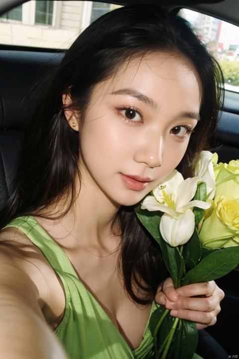  The image is a beautiful portrait of a young woman sitting in the backseat of a car, holding a bouquet of flowers. The woman's green dress stands out against the backdrop of the car interior. The image is well-composed and well-lit, with the woman's face illuminated by the light coming through the car window. Her expression is one of calm and contentment, as if she is enjoying a peaceful moment. The woman's outfit is a key element of the image, with her long, wavy hair, green dress, and décolletage and cleavage. The flowers she holds are a beautiful mix of white and green, with some yellow accents. The image is a serene and beautiful portrait of the woman.